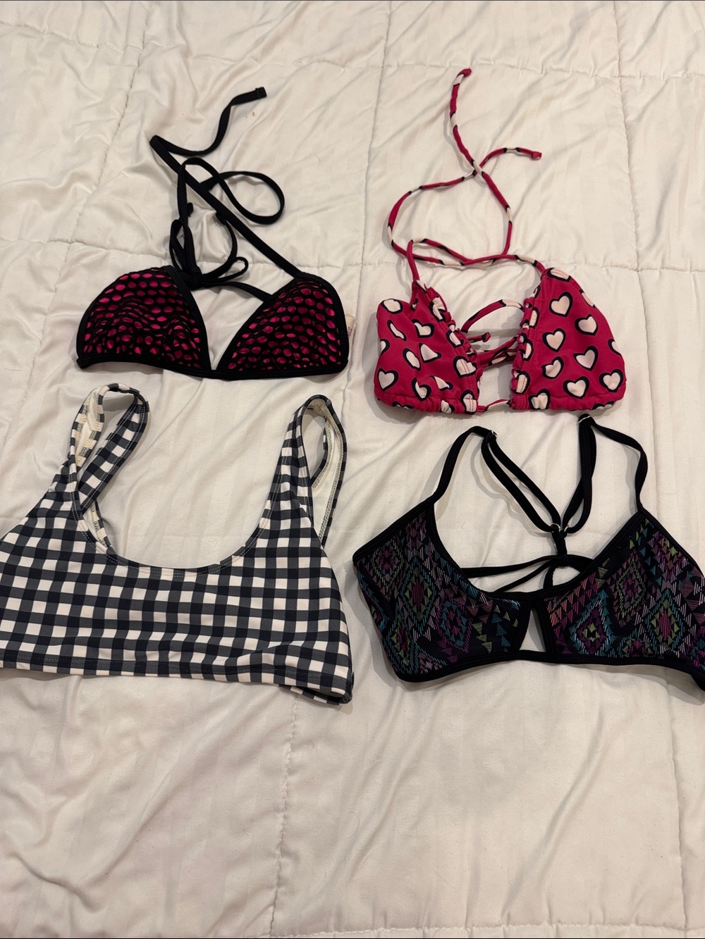 Set of 4 Bikini Tops - Black & Pink, Heart Print, Gingham, Geometric